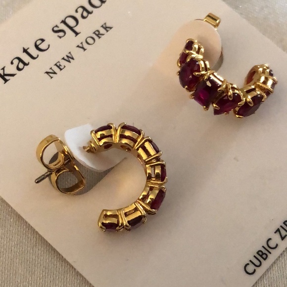 Kate Spade Gold Tone & Red Cubic Zirconia Candy Shop C-Shape Hoop Earrings NWT - Picture 4 of 12